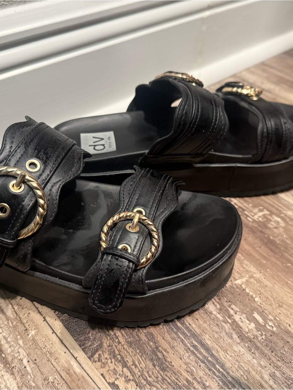 DV by Dolce Vita Black Leather Platform Slide Sandals with Gold Rope Buckles
